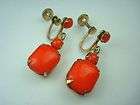 Vintage Orange Cabochon Earrings Art Glass Square Dangl