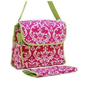 Damask Floral Print Designer Diaper Bag w/ Changing Pad (Fuchsia/Green 
