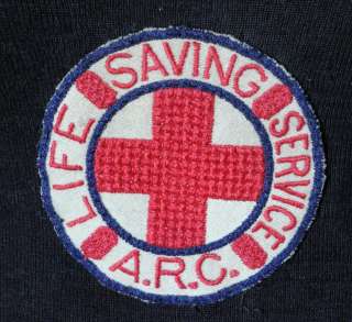 vintage RED CROSS lifeguard swimsuit w ARC LIFE SAVING SERVICE PATCH 