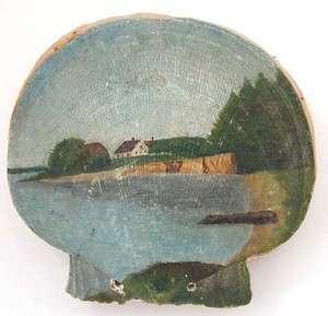 Antique Scallop Shell Pin Cushion Painted Sea Cottage Scene  