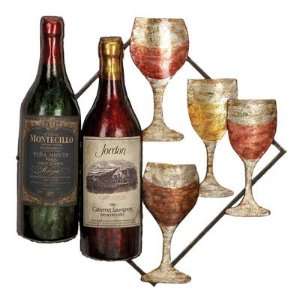  Bottles of Wine and Wine Glasses Metal Art Sculpture Decor 