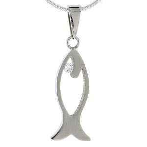 Stainless Steel Cut Out Christian Fish Pendant w/ Crystal Eye, 15/16 