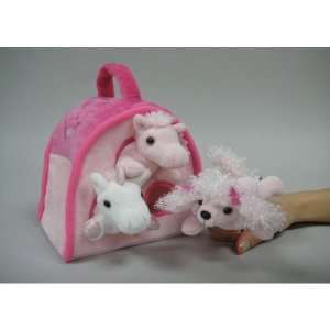 Plush PINK CROWN Animal House with 3 Finger Puppets (Unicorn, house 