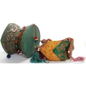 Pellet Drum (Damaru) with Dragon, Silk Tassel and Scarf   Metal, wood 