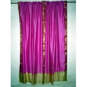  2 Art Silk Sari Curtains Cerise Pink Golden Border Window 