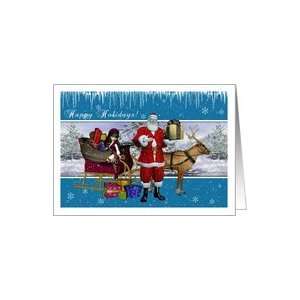  Happy Holidays   Santa with Sleigh Elf and Reindeer Card 