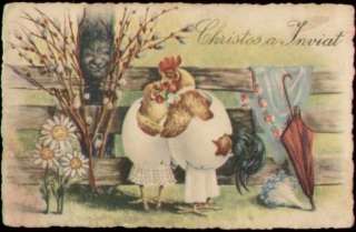 HAPPY EASTER FANCY WITH HEN ROSTER EGG OLD POSTCARD  
