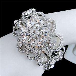 Bridal Flower Bangle Cuff Bracelet Swarovski Crystal  