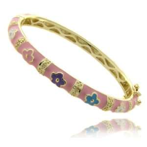   Overlay Childrens Pink Enamel Flower Design Bangle Bracelet Jewelry