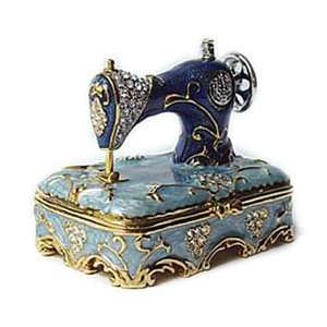   Swarovski Crystal Enamel Blue Sewing Machine Keepsake Box Jewelry