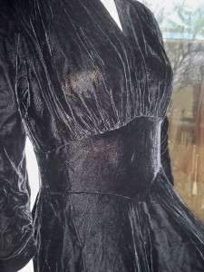30S 40S BLACK SILK VELVET RUCHED PEPLUM LONG DRESS  