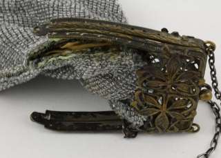 Antique Art Nouveau Brass Frame Silver Glass Beaded Silk Purse Handbag 