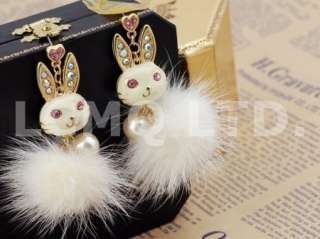 Furry Cute Bunny Rabbit Pearl Dangle Earrings Ear stud Gold   BEST 