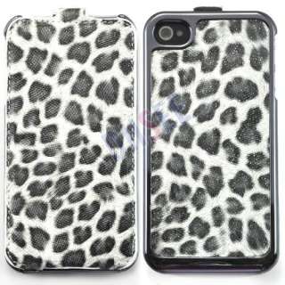 Deluxe White Leopard Flip Leather Chrome Case for iPhone 4 4S  