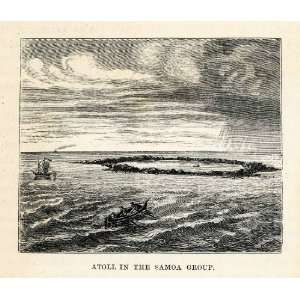 1879 Wood Engraving Samoa Island Pacific Ocean Canoe 