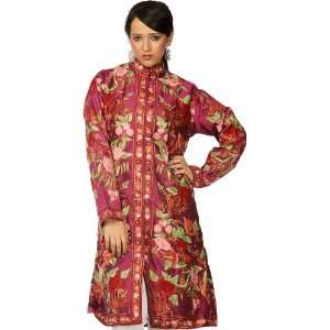   Long Silk Jacket with Embroidered Leaves and Flowers   Pure Matka Silk
