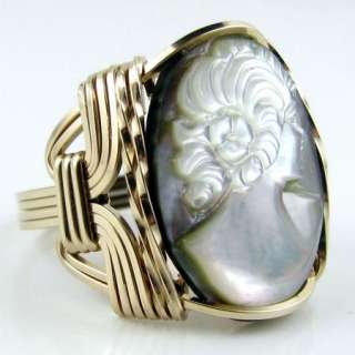 Luminous Carved Mother of Pearl Shell Cameo Ring 14K Rolled Gold 