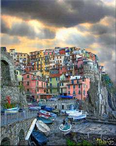 Tuscany ART Italian cliff Manarola boats Italy PAINTING  