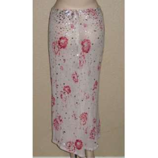   Pink White Red Floral Silver Sequin Gauze Long Cotton Skirt 40  