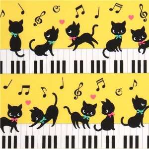  yellow kawaii fabric black kitty piano Japan (Sold in 