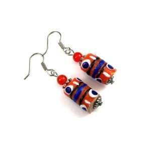 Orange with Blue and White Eyes African Sandcast Bead Dangle Earrings 