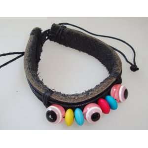  Leather Strap Bracelet with Luckey Evil Eye and Wood Beads 