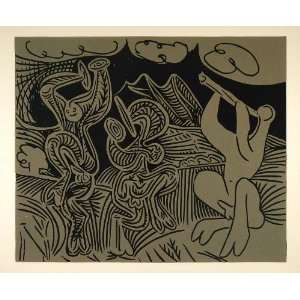  1962 Linocut Dancing Satyrs Flute Player Music Picasso 