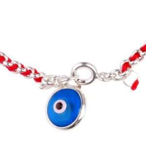 Kabbalah Red String Bracelet woven in silver with Blue Lucky Eye Charm 