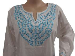Turquoise Hand Embroidered Womens White Cotton Kurti Tunic Top  