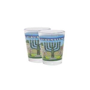  Pair of Shot Glasses with Knesset Menorah and Jerusalem 