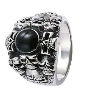   Biker Ring With 10 Gothic Skulls Around Center Black Stone Jewelry