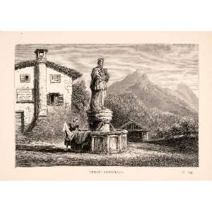 Wood Engraving Statue Titian Pieve di Cadore Italy St. Tiziano Painter 