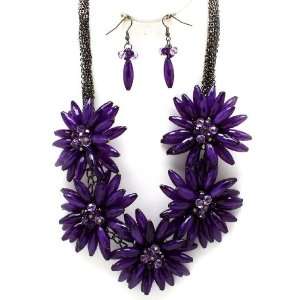  Gorgeous Purple Cluster of Bead Flower Bouquet Necklace 
