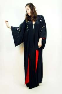 Vtg Black SATIN Embroidered Floral GOTH Neon MAXI Dress Gypsy KIMONO 