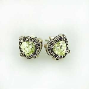  Sterling Silver Marcasite Heart Peridot Light Green Color 