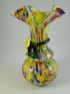   Applied Flower Table Vase End of Day Cased Art Glass Old  