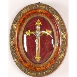  Vintage French Framed Convex Glass Crucifix Red Velvet 