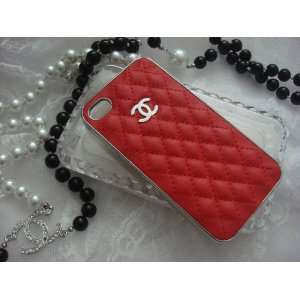  Luxury CC iPhone 4 4s Red & Chrome Silver Quilted Leather 