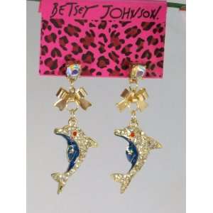Betsey Johnson Blue Enamel and Crystal Dolphin Bow Dangle Earrings