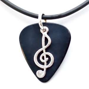  Guitar Pick Necklace with Music Clef Note Charm on Black 