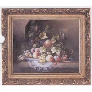  European Art Oil Painting Fruit & Wine Still Life with Carved 