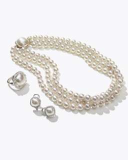 3R0R Majorica Three Strand Pearl Necklace, Sterling Silver Pearl Ring 