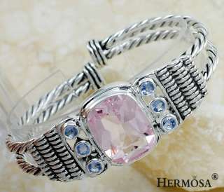 Handmade Pink KUNZITE AQUA TOPAZ .925 Sterling Silver Bracelet Bangle 