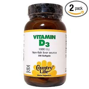  Country Life Vitamin D3 1000 IU, 200 Count (Pack of 2 