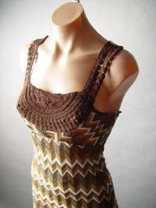   Zigzag Stripe Crochet 70s Style Empire Waist Long Maxi Dress XS  