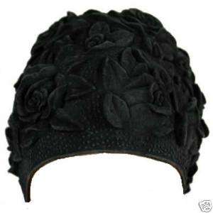 FLORAL EMBOSS VINTAGE STY LATEX SWIM CAP (Black)  
