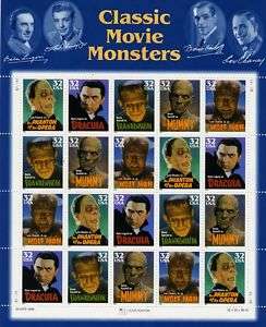 Classic Movie Monsters 20 x 32 cent U.S. Postage Stamps  