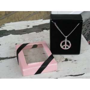   Pink Jeweled Silver Peace Sign Necklace in Gift Box 