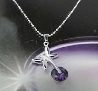925 Silver Plated Purple Crystal Pendant Necklace JN186  