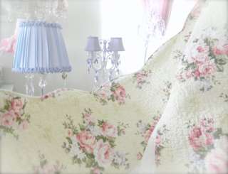   Bed Quilt Set Shabby French Country Pink Roses & Periwinkle Blue Chic